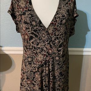 Women’s holiday blouse. Black with burgundy, gold and blue accents. Stretchy